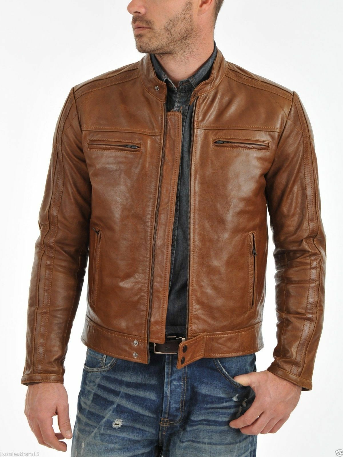 Men's Real Lambskin Tan Brown Leather Motorcycle Jacket